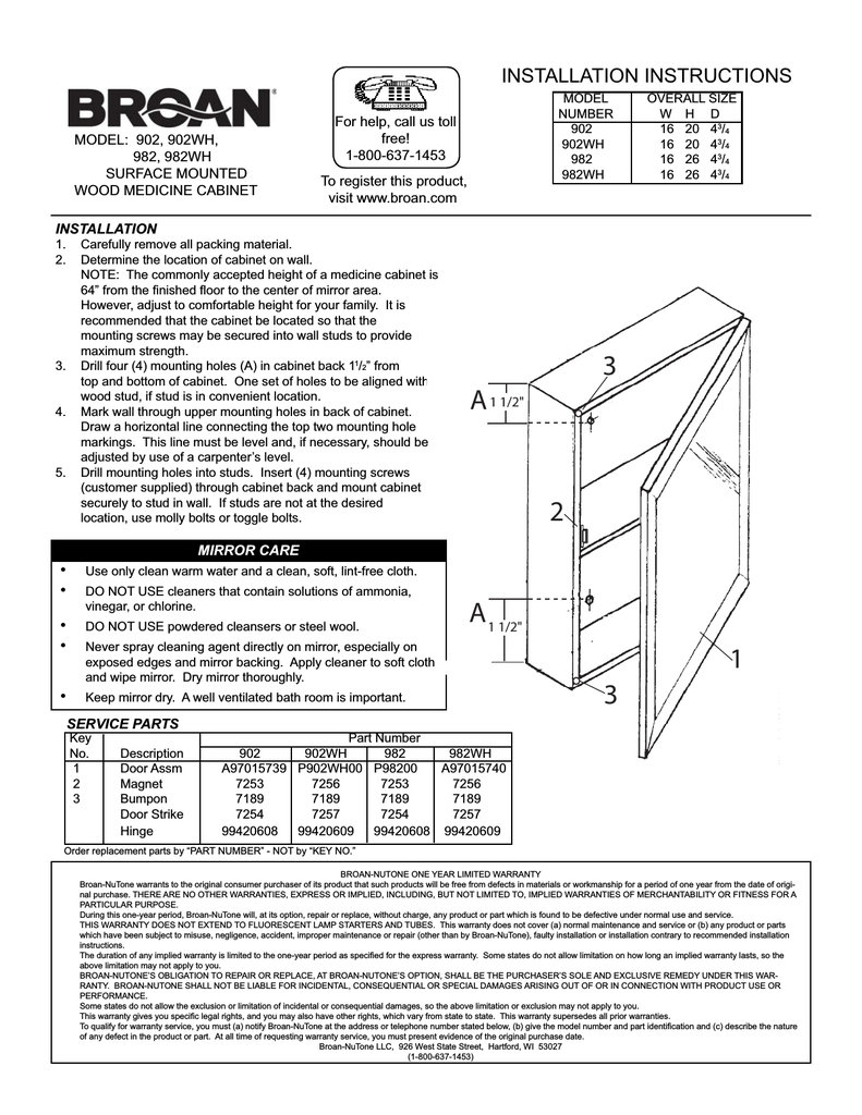 Broan Surface Mounted Wood Medicine Cabinet 902 User S Manual