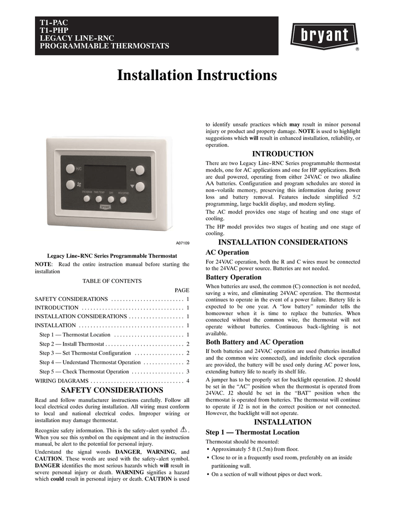 Bryant Programmable Thermostat Wiring Diagram