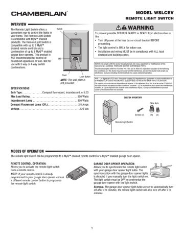 Chamberlain WSLCEV Remote Light Switch User's Manual | Manualzz