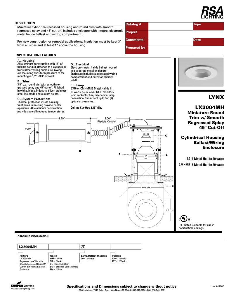 Cooper Lighting Lynx Lx3004mh Lx3004mh User Manual Manualzz