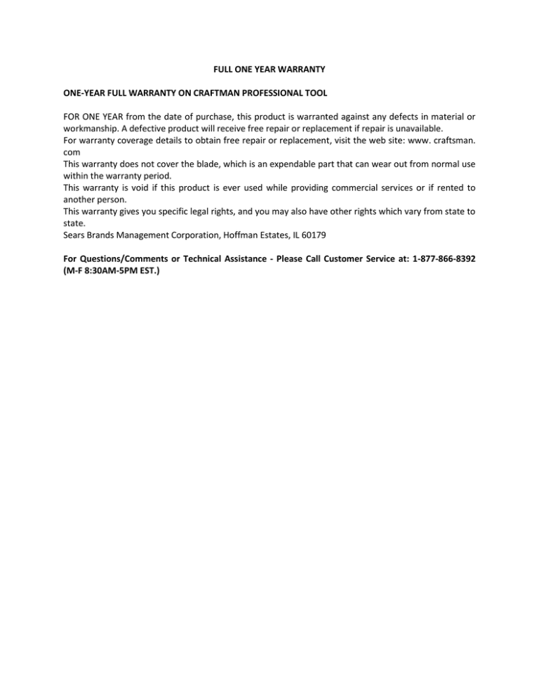 Craftsman 1/3 hp 3.5 amp 10" Band Saw (21400) Manufacturer's Warranty