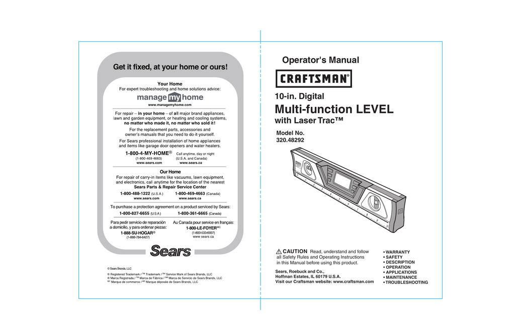 Craftsman 10 in. Digital LaserTrac Level, 48292 Owner's manual | Manualzz