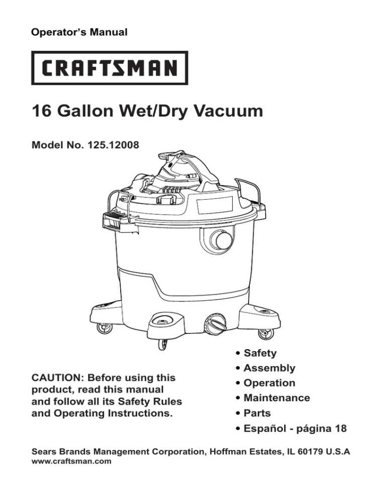 Craftsman 16 Gallon Wet/dry Vac Manual