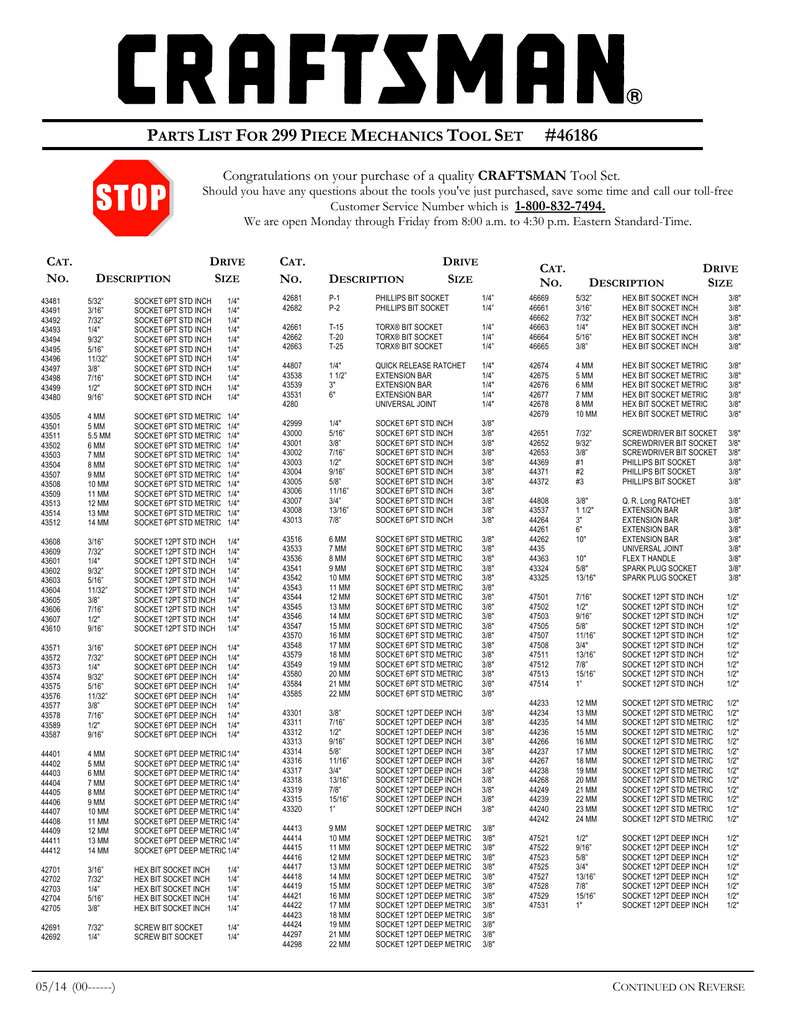 Craftsman 299 Piece Mechanics Tool Set Contents List Manualzz