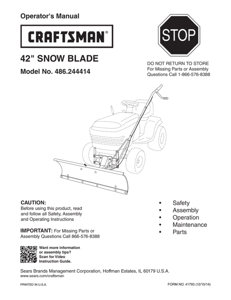 Craftsman 24441, Lawn Tractor Snow Blade 14" High Owner's manual Manualzz