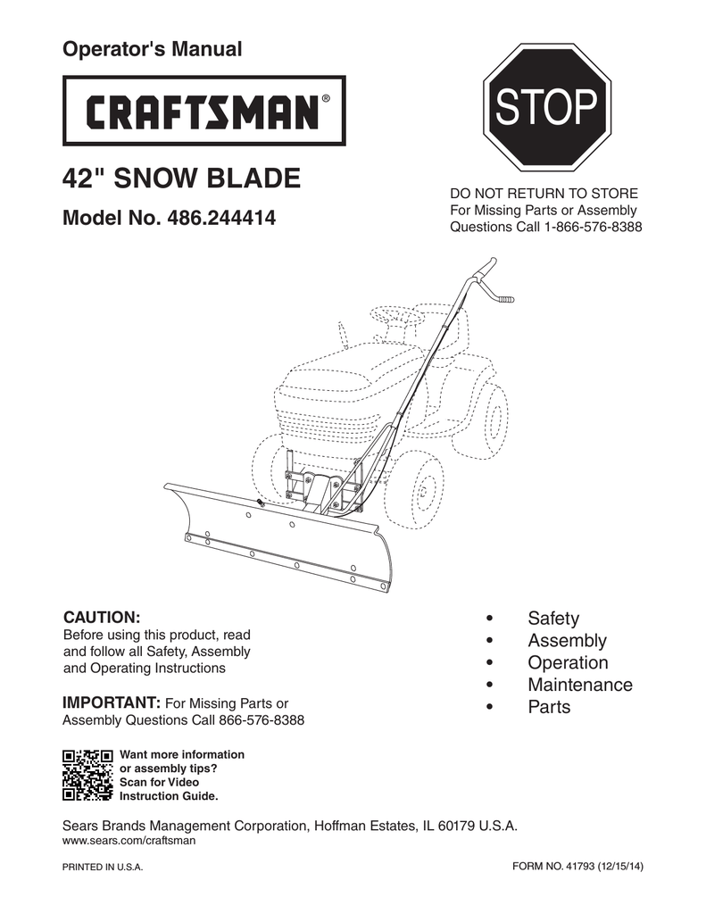 Craftsman 24441, Lawn Tractor Snow Blade 14" High Owner's manual | Manualzz