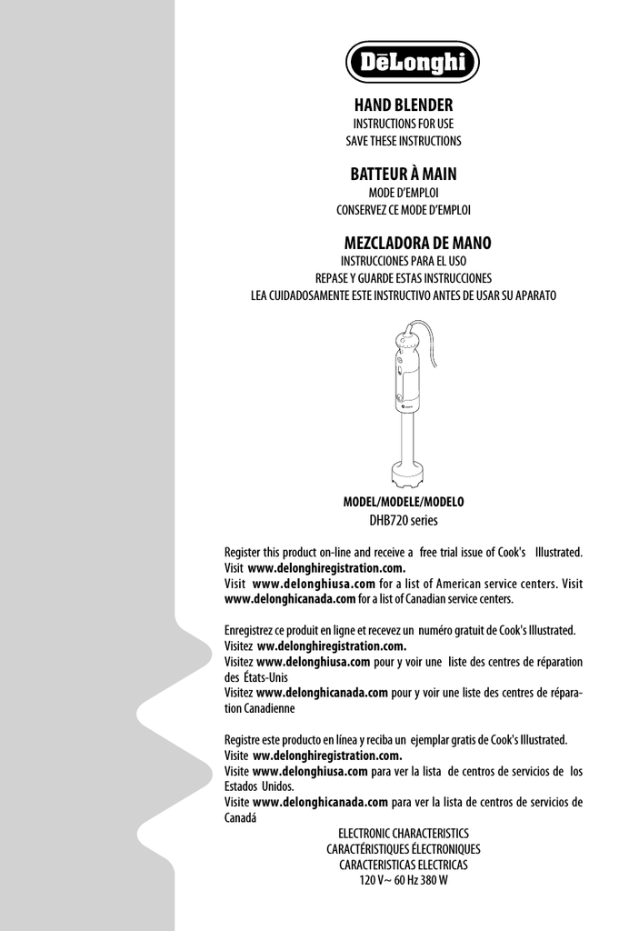 De Longhi DHB723 Triblade DHB723 DHB720 Series Instruction