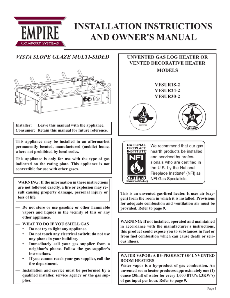 Empire Comfort Systems Vfsur30 2 User S Manual Manualzz Com