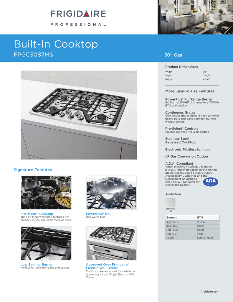 Frigidaire Fpgc3087ms Product Specifications Sheet Manualzz Com