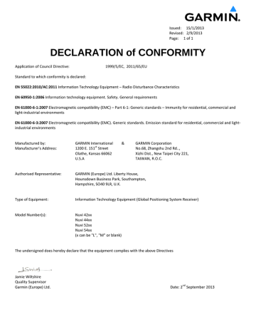 Garmin nuvi 42 Declaration of Conformity | Manualzz