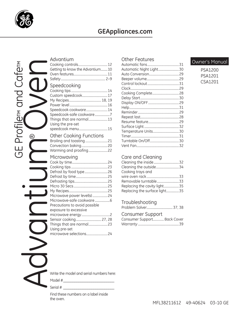 Ge Advantium Microwave Convection Oven ManualBestMicrowave
