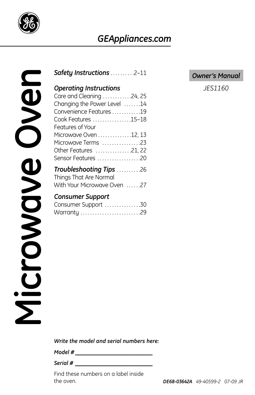 GE JES1160DPBB, JES1160, JES1160DPWW Manual de usuario | Manualzz