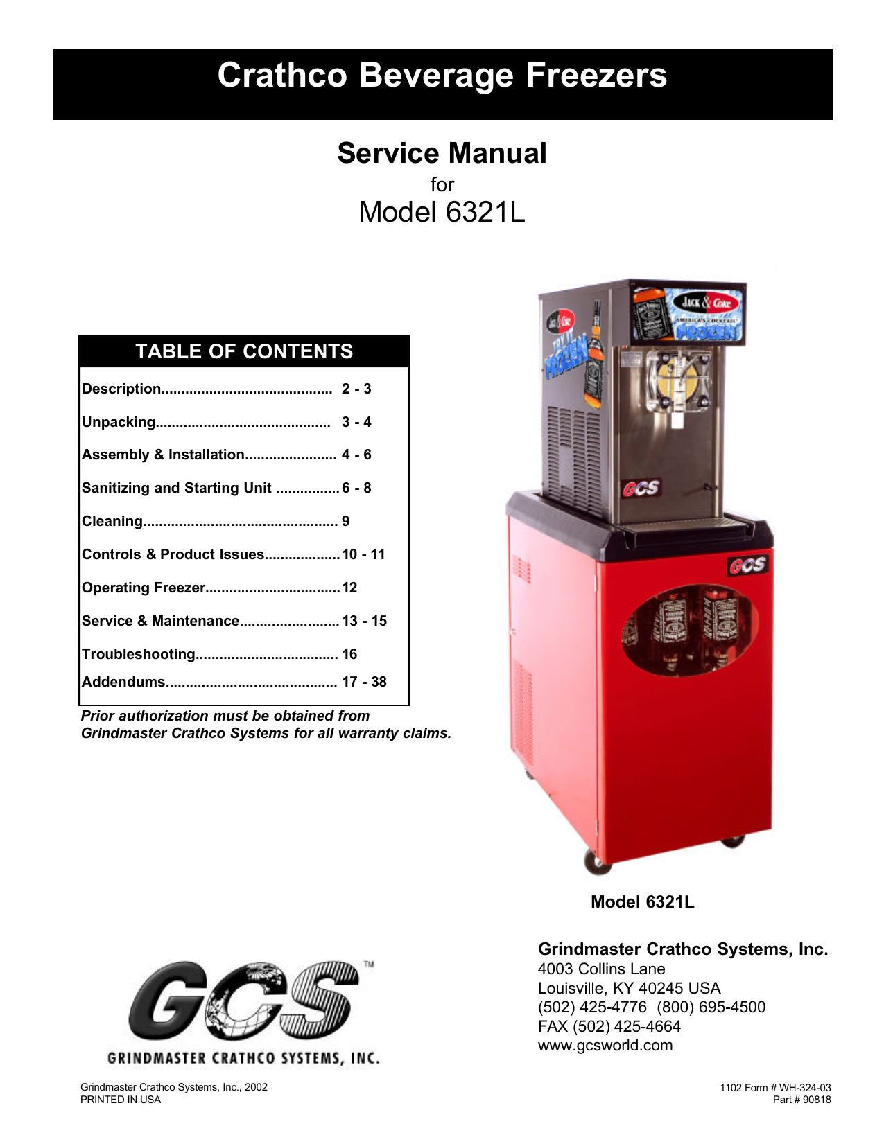 Grindmaster Refrigerator 6321L User's Manual Manualzz