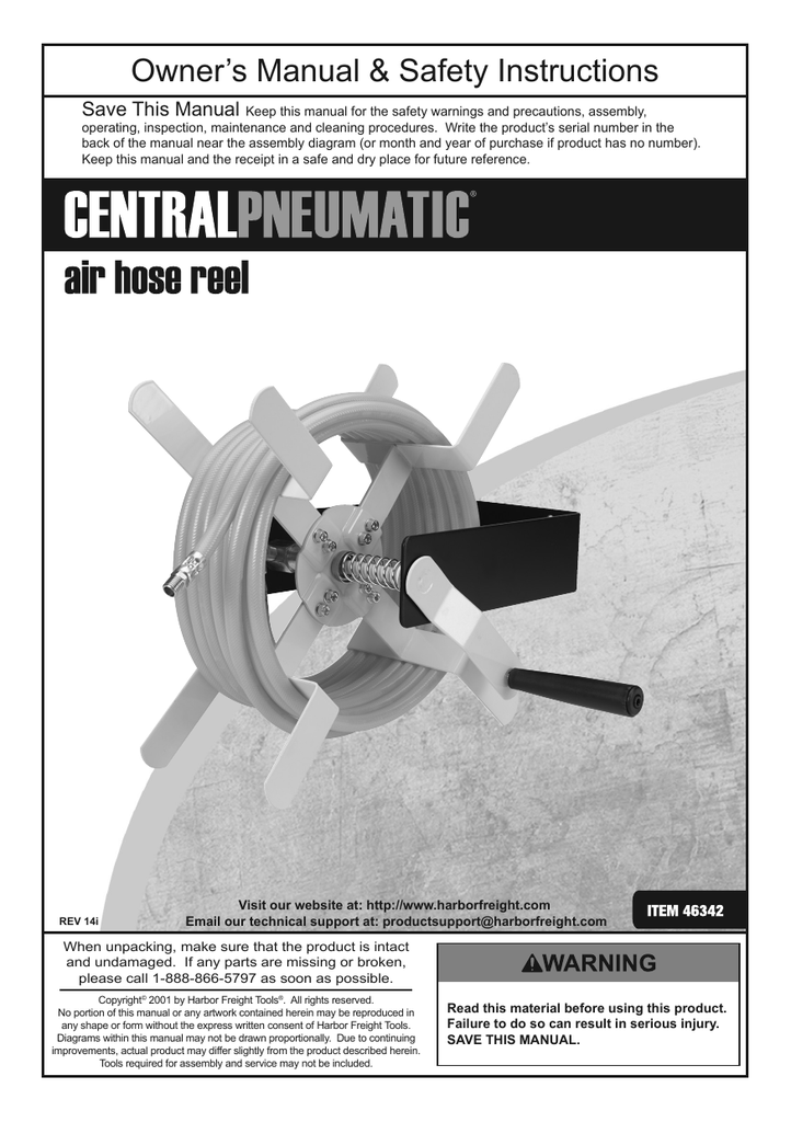 CENTRAL PNEUMATIC 64682 3-8 Inch Retractable Hose Reel Owner's Manual