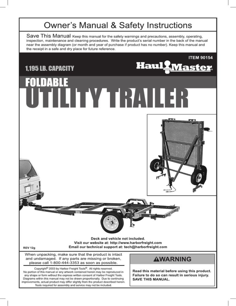 Harbor Freight Tools 1195 Lb Capacity 48 In X 96 In Heavy Duty Folding Trailer User Manual Manualzz