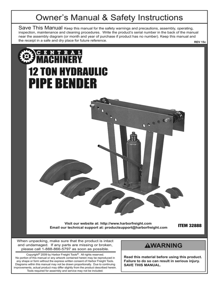 Harbor Freight Tools 12 Ton Hydraulic Pipe Bender User manual Manualzz