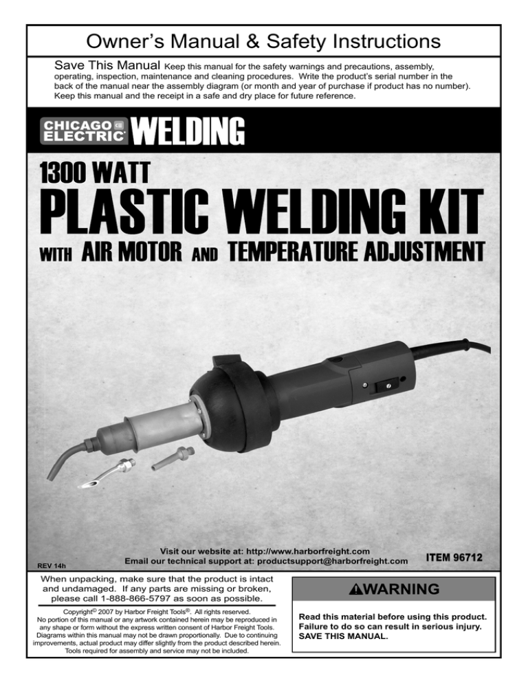 Harbor Freight Tools 1300 Watt Plastic Welding Kit with Air Motor and