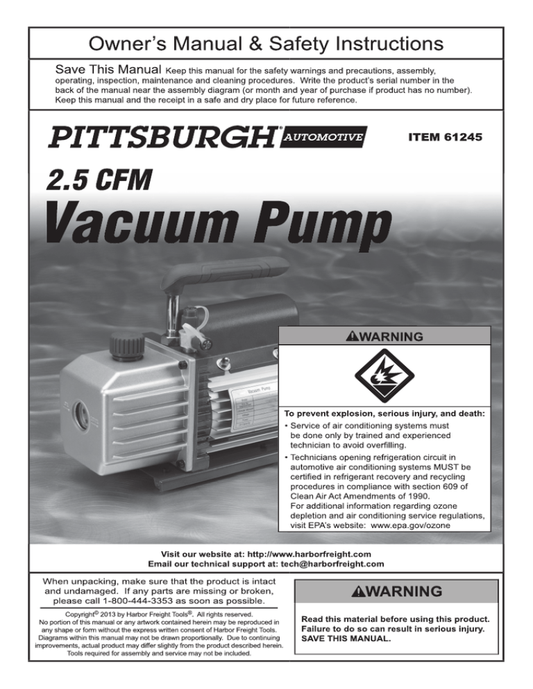 Pittsburgh Automotive 2.5 CFM Vacuum Pump, 61245 Owner's manual Manualzz