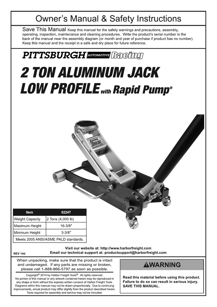 Harbor Freight Tools 2 Ton Aluminum Racing Floor Jack with Rapid Pump  Product manual | Manualzz