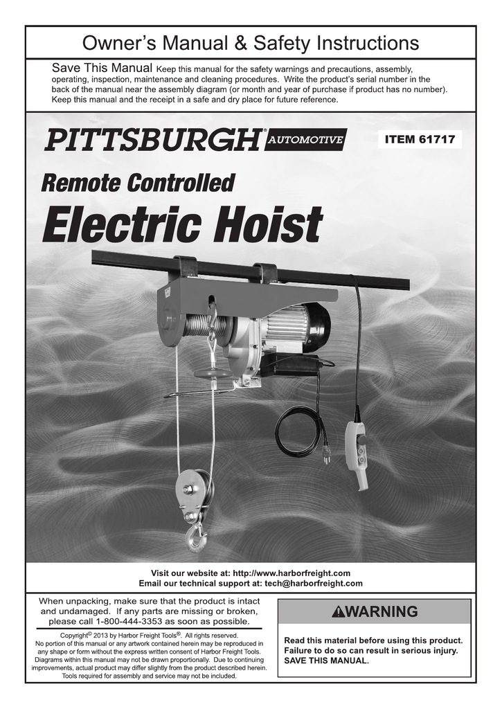 Harbor Freight Tools 2000 Lb Electric Hoist With Remote Control Product Manual Manualzz