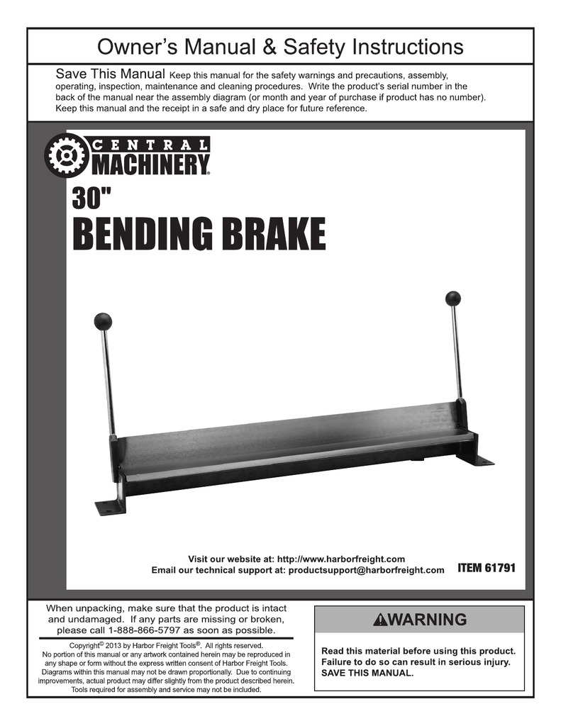 Harbor Freight Tools 30 in. Bending Brake Product manual Manualzz