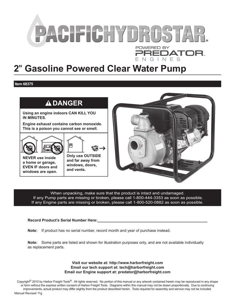 Harbor Freight Pacific HydroStar 68371 98CC 1 IN Water Pump Recoil