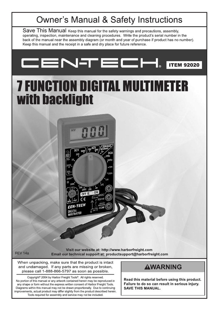 Cen Tech Digital Multimeter Manual