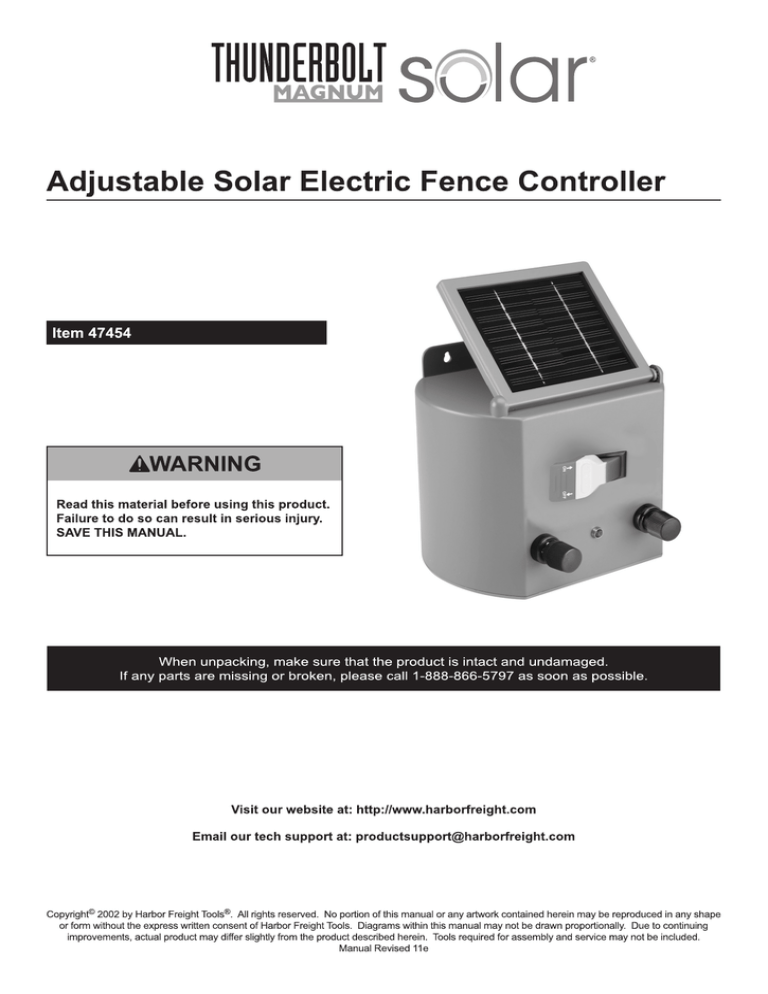 Harbor Freight Tools Adjustable Solar Electric Fence Controller User Manual Manualzz