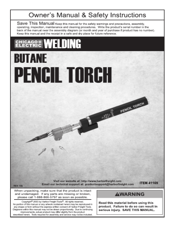 Harbor Freight Tools Butane Pencil Torch Product manual | Manualzz