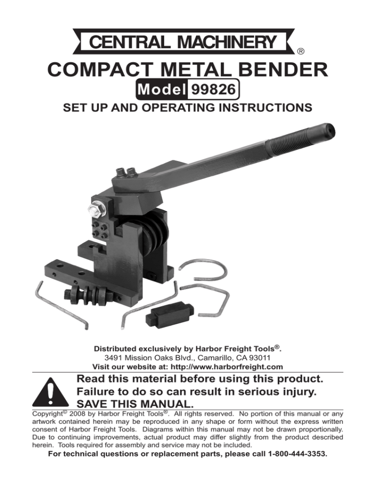 Harbor Freight Tools Compact Metal Bender User manual Manualzz