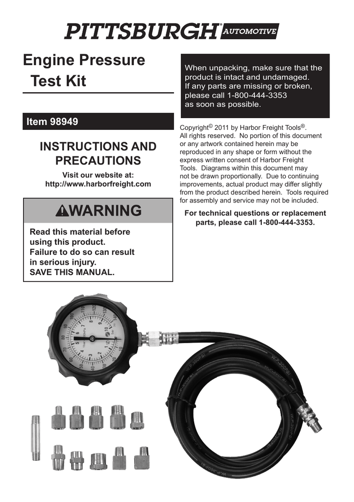 Harbor Freight Tools Engine Oil Pressure Test Kit User manual | Manualzz