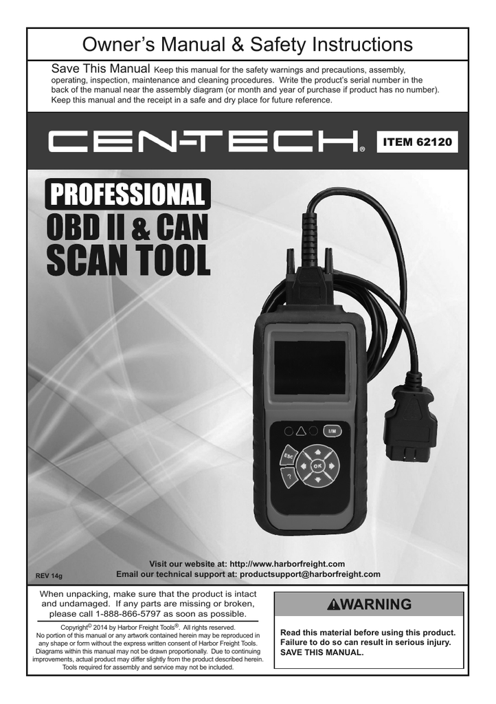 Cen Tech 62120 Obd Ii Can Professional Scan Tool User Manual Manualzz