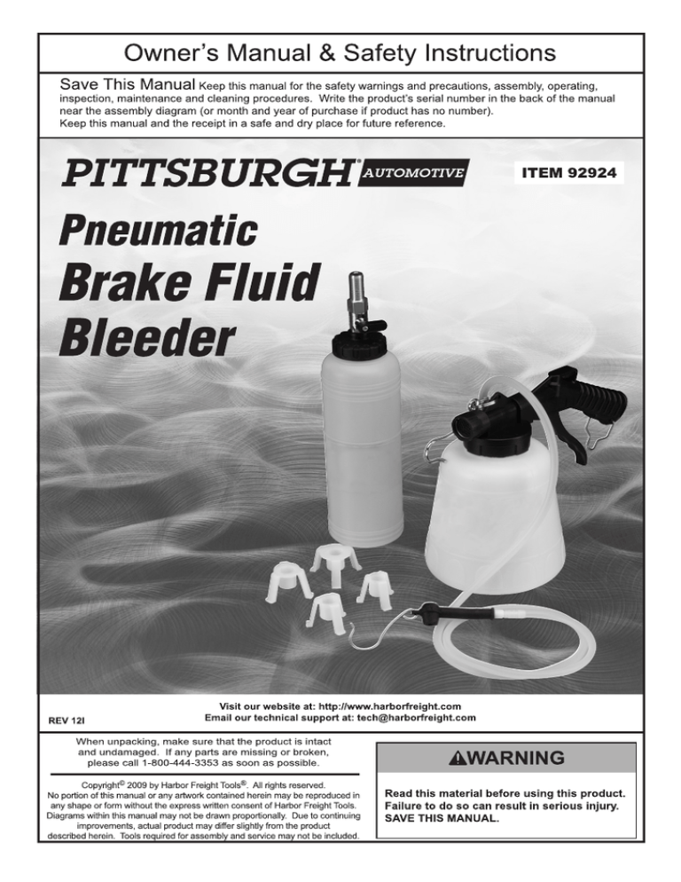 Pittsburgh Automotive Pneumatic Brake Fluid Bleeder, Item 92924, 92924
