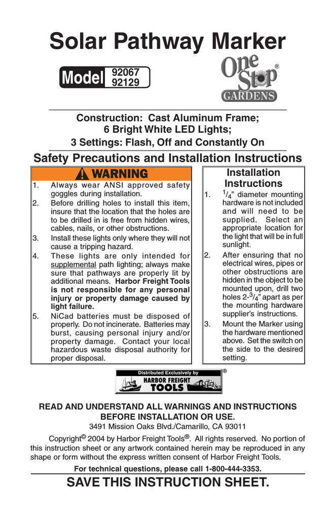 Harbor Freight Tools Solar LED Pathway Markers _ 4 Piece Product manual