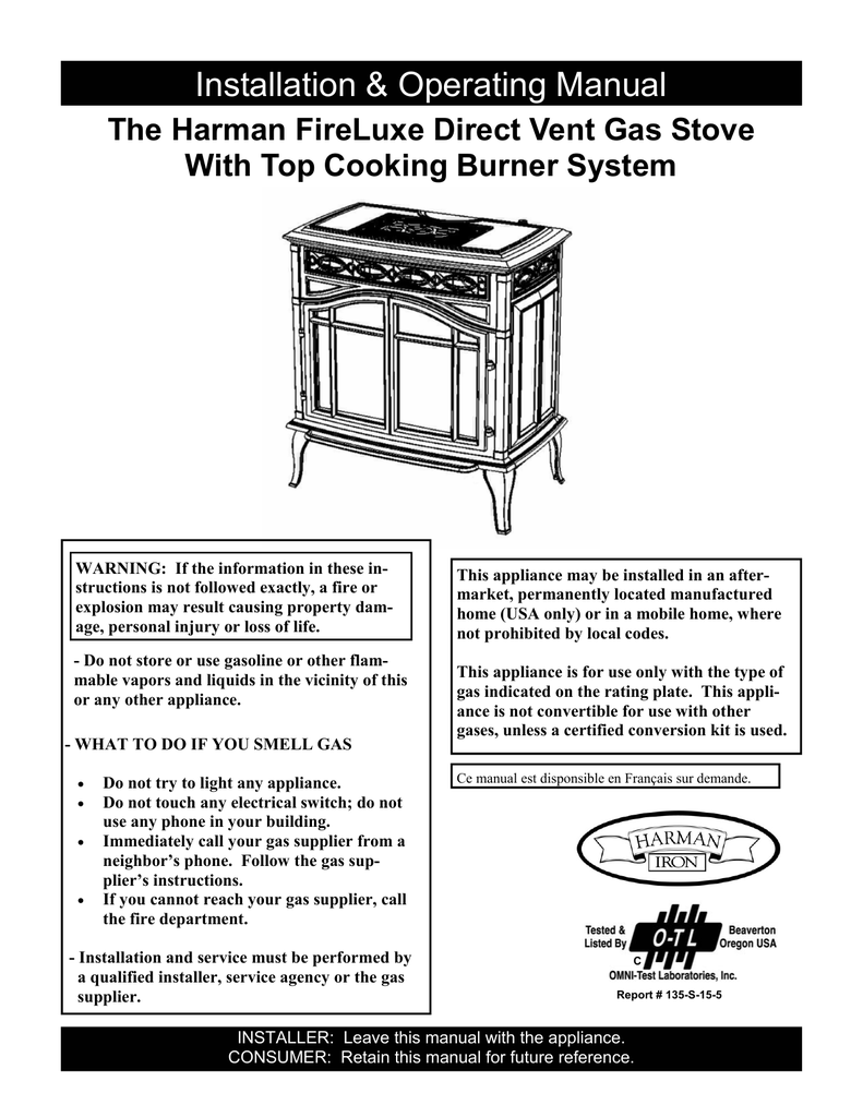 Harman Stove Company FireLuxe Direct Vent Gas Stove With Top Cooking Burner System User's Manual
