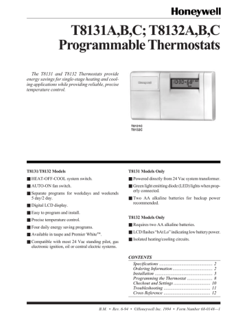 Honeywell Thermostat T8131a T8132a T8131a T8131b T8131c T8132c T8132b User Manual Manualzz