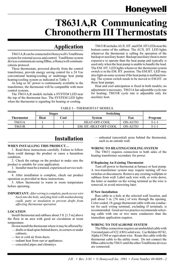 Honeywell thermostat chronotherm iv instructions manual