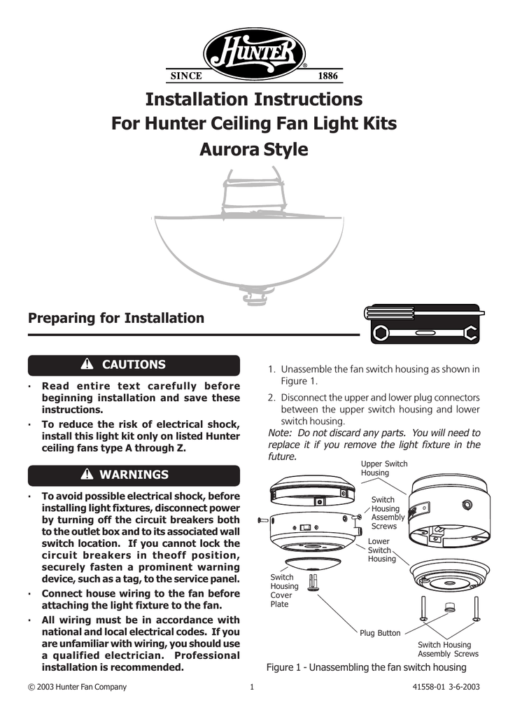 Hunter Ceiling Fan Light Kits User S, Hunter Ceiling Fan With Light Installation Instructions