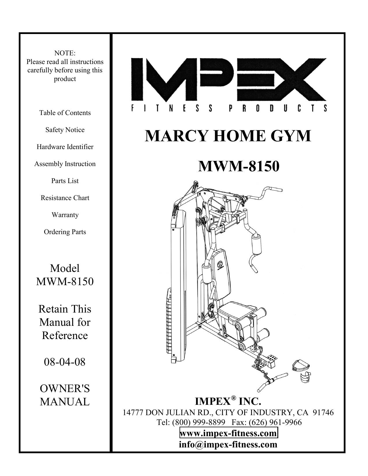 Impex competitor discount home gym manual