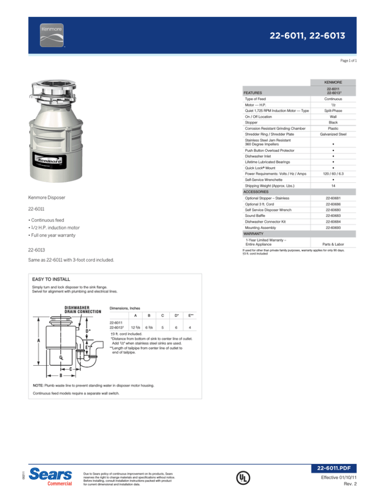 Kenmore 1/2 hp Garbage Disposal Specification | Manualzz