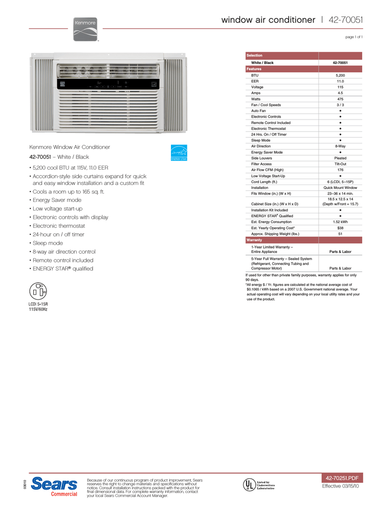 kenmore 5200 btu