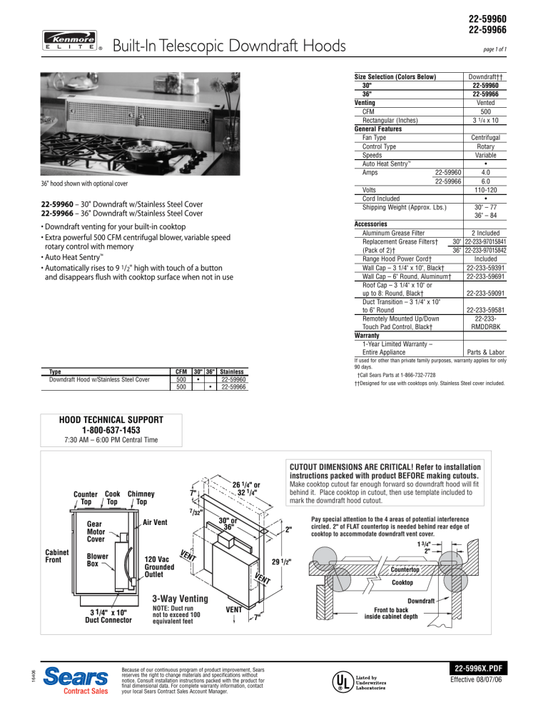 Kenmore Elite Elite 30'' Down Draft Hood 59960, 59966 Installation