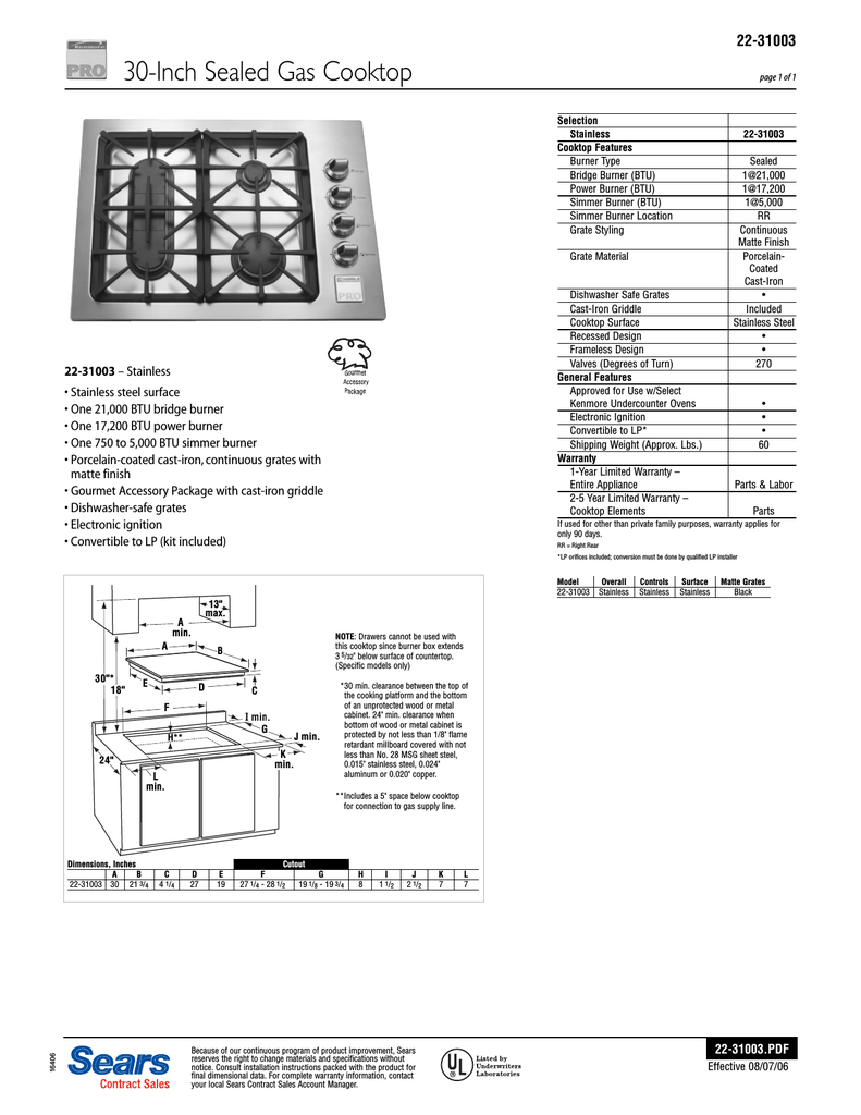 Kenmore Pro 30 Gas Drop In Cooktop 3100 Specifications