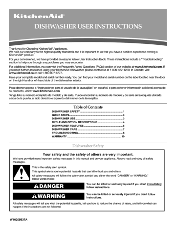 Kitchenaid W10205937a Dishwasher W10205937a User Manual Manualzz