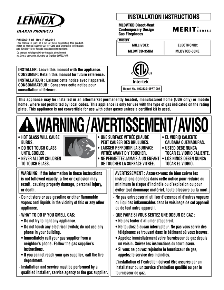 Lennox Hearth MLDVTCD-35NM User manual | Manualzz
