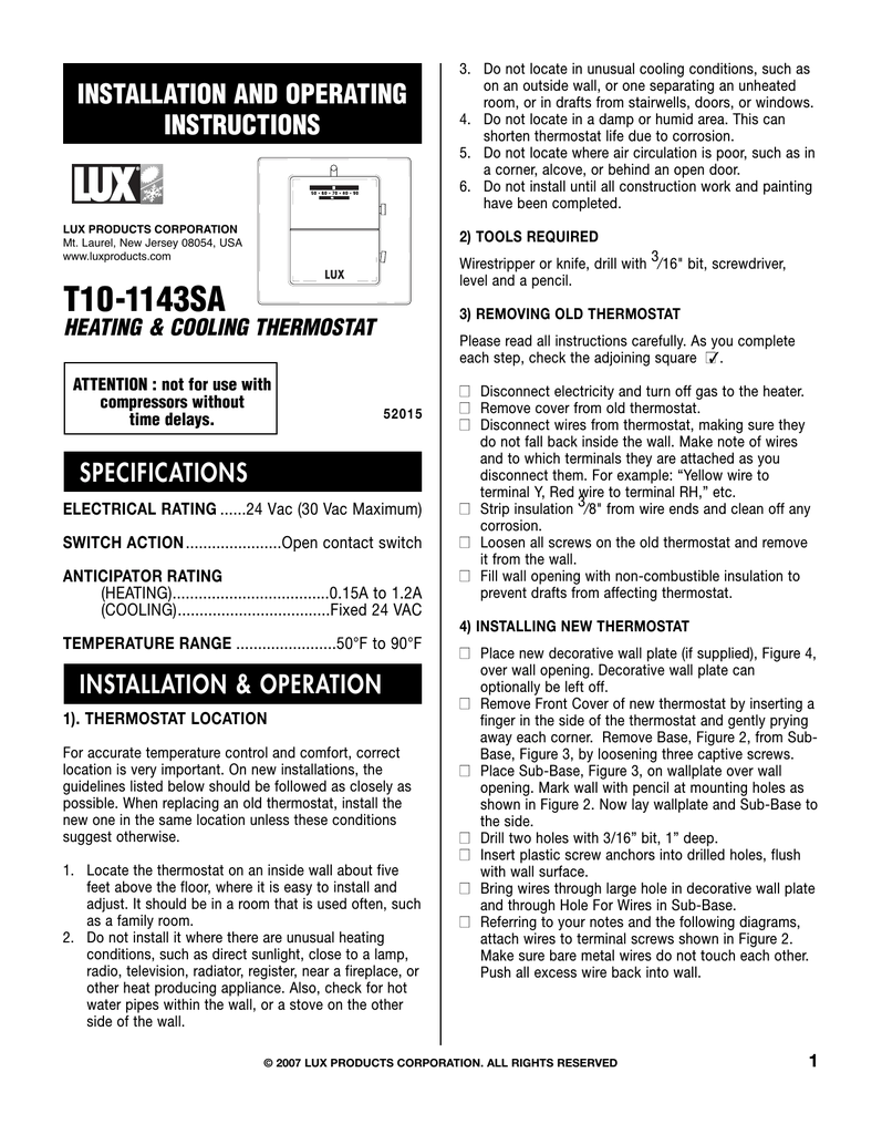 Lux products tx1500e thermostat user manual