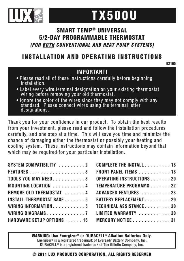 Lux Products TX500U User manual | Manualzz