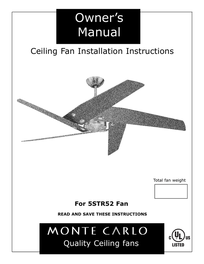Monte Carlo Fan Company 5STR52 User manual Manualzz