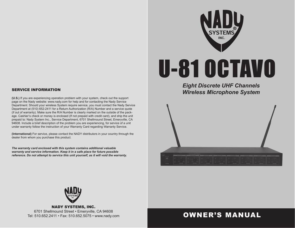 Nady Systems OCTAVO U 81 User s Manual Manualzz