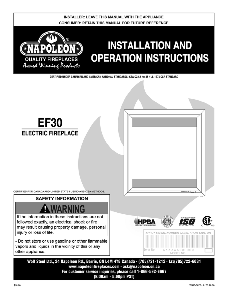 Napoleon Fireplaces Ef30 User S Manual Manualzz Com